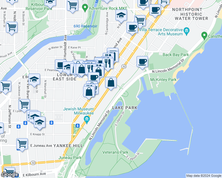 map of restaurants, bars, coffee shops, grocery stores, and more near 1660 North Prospect Avenue in Milwaukee
