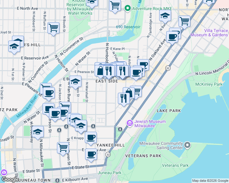 map of restaurants, bars, coffee shops, grocery stores, and more near 1637 North Franklin Place in Milwaukee