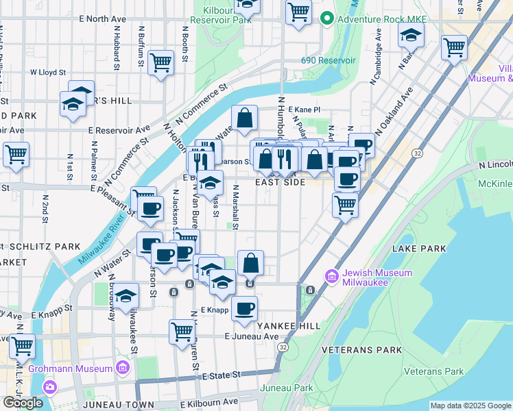 map of restaurants, bars, coffee shops, grocery stores, and more near 1641 North Astor Street in Milwaukee