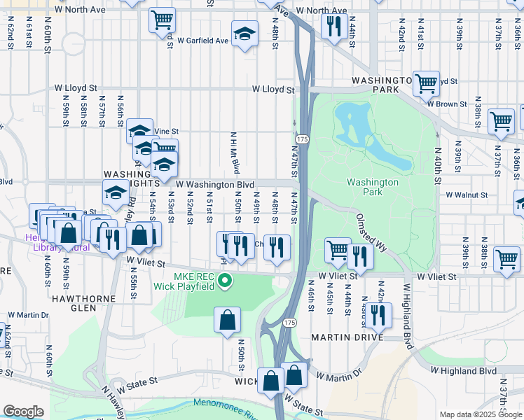 map of restaurants, bars, coffee shops, grocery stores, and more near 4903 West Galena Street in Milwaukee