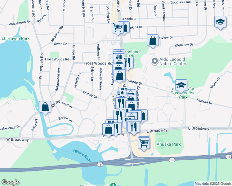 map of restaurants, bars, coffee shops, grocery stores, and more near 6106 Eastgate Road in Monona