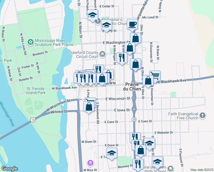 map of restaurants, bars, coffee shops, grocery stores, and more near 214 East Blackhawk Avenue in Prairie du Chien