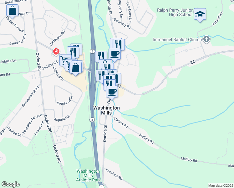 map of restaurants, bars, coffee shops, grocery stores, and more near in Washington Mills