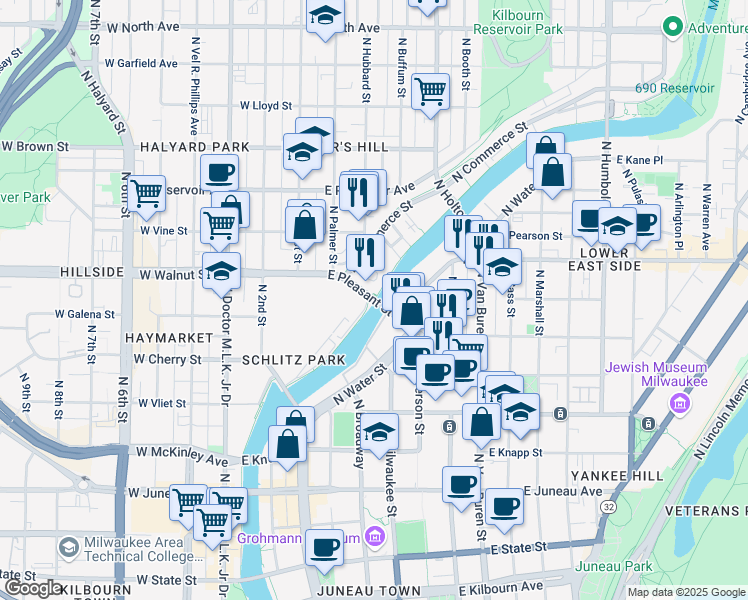 map of restaurants, bars, coffee shops, grocery stores, and more near North Riverwalk Way in Milwaukee