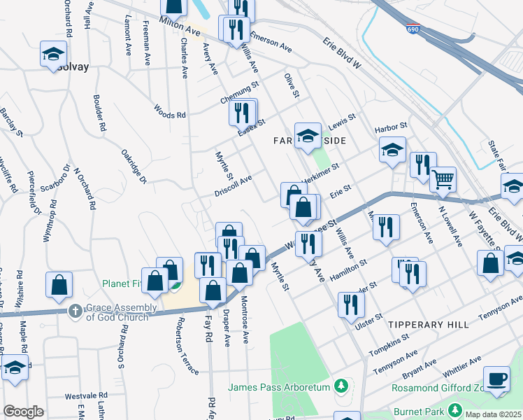 map of restaurants, bars, coffee shops, grocery stores, and more near 101 Hayden Avenue in Syracuse
