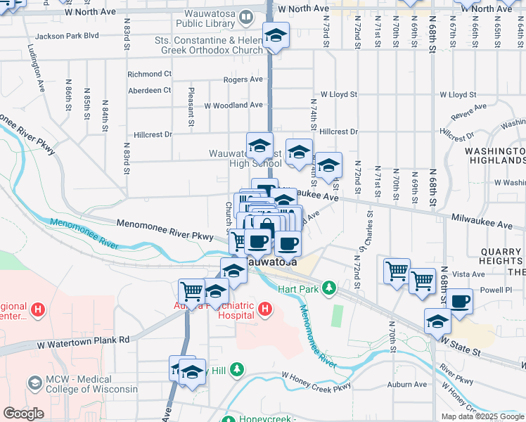 map of restaurants, bars, coffee shops, grocery stores, and more near 1529 Wisconsin 181 in Wauwatosa