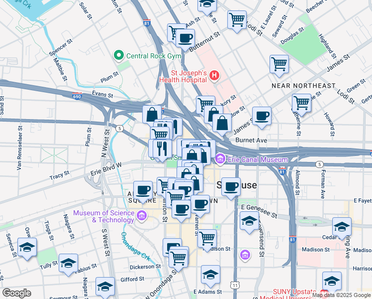 map of restaurants, bars, coffee shops, grocery stores, and more near 114-18 North Salina Street in Syracuse