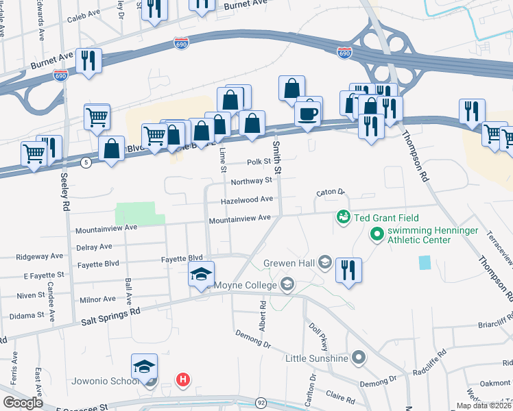 map of restaurants, bars, coffee shops, grocery stores, and more near 703 Mountainview Avenue in Syracuse