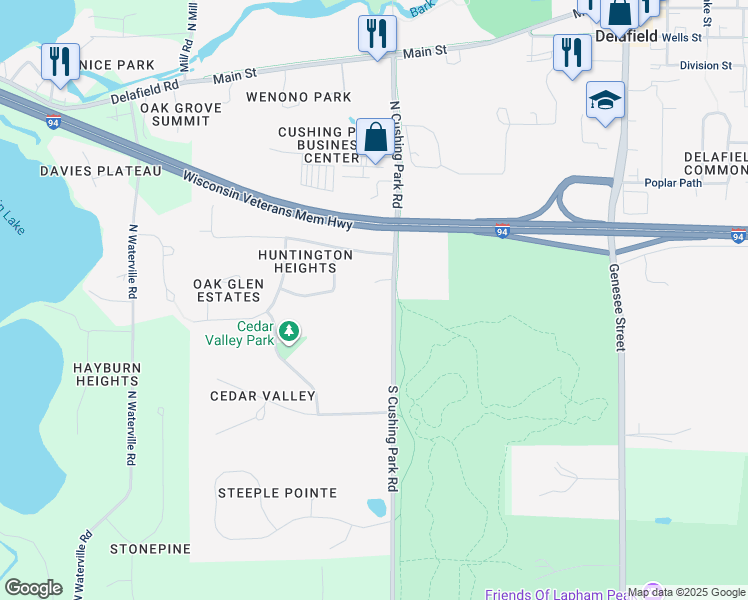 map of restaurants, bars, coffee shops, grocery stores, and more near 213 South Cushing Park Road in Delafield