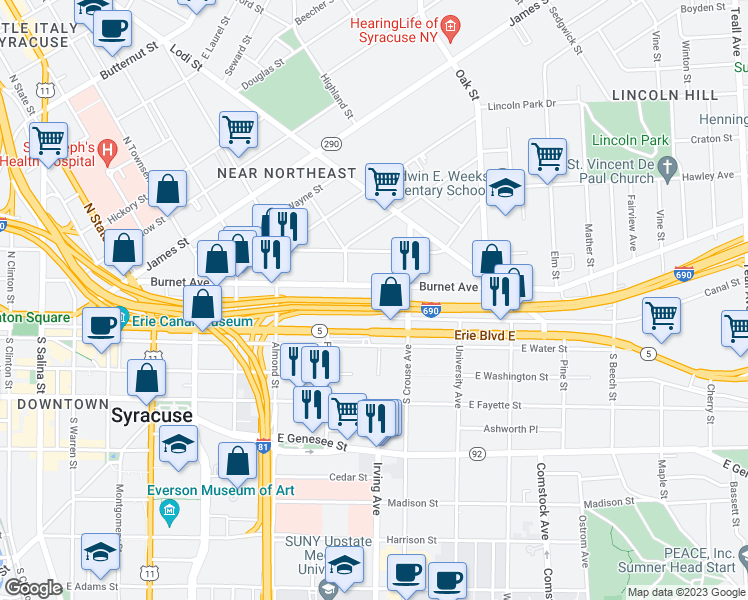 map of restaurants, bars, coffee shops, grocery stores, and more near Interstate 690 in Syracuse