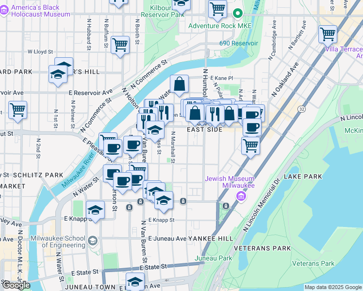 map of restaurants, bars, coffee shops, grocery stores, and more near East Kewaunee Street in Milwaukee