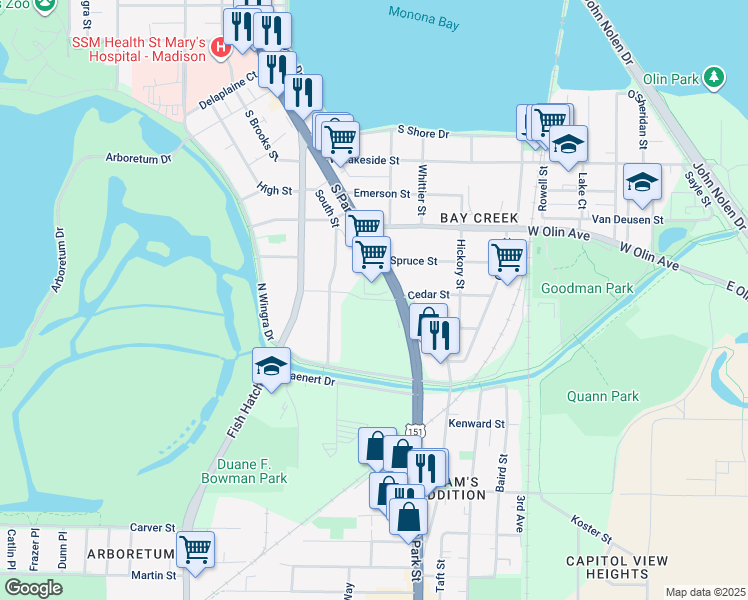 map of restaurants, bars, coffee shops, grocery stores, and more near 815 Cedar Street in Madison