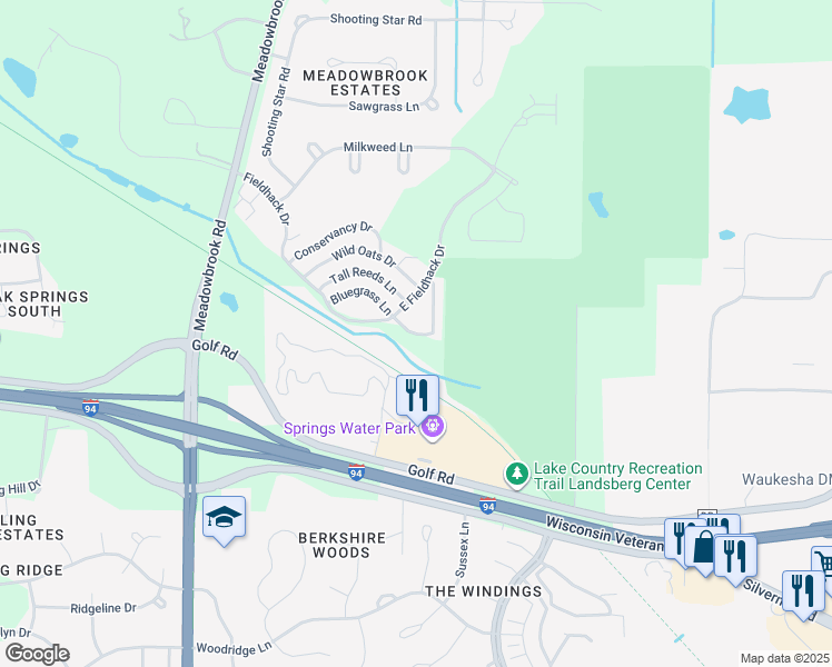 map of restaurants, bars, coffee shops, grocery stores, and more near N15W26518 Golf View Lane in Pewaukee