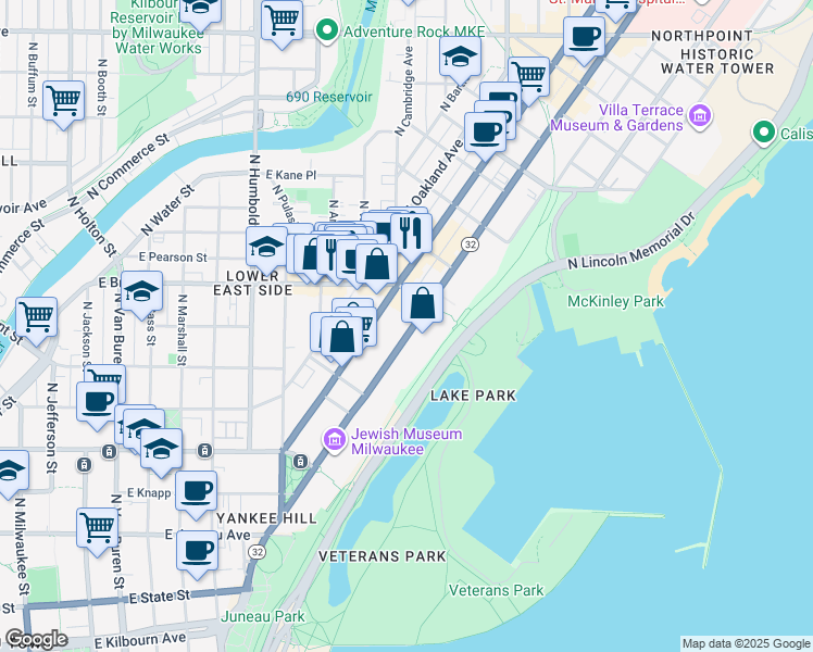 map of restaurants, bars, coffee shops, grocery stores, and more near 1653 North Prospect Avenue in Milwaukee