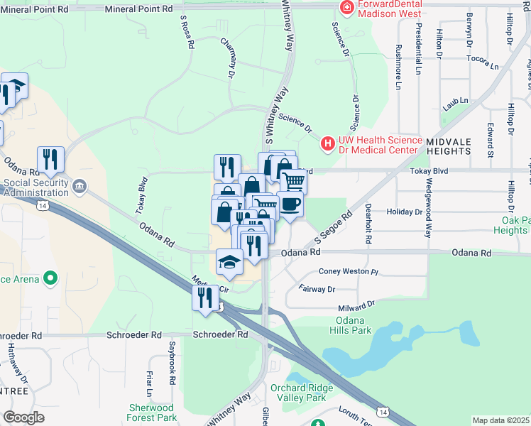 map of restaurants, bars, coffee shops, grocery stores, and more near 680 South Whitney Way in Madison