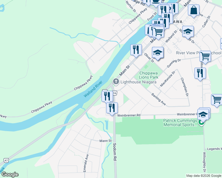 map of restaurants, bars, coffee shops, grocery stores, and more near 8718 Regional Road 116 in Niagara Falls