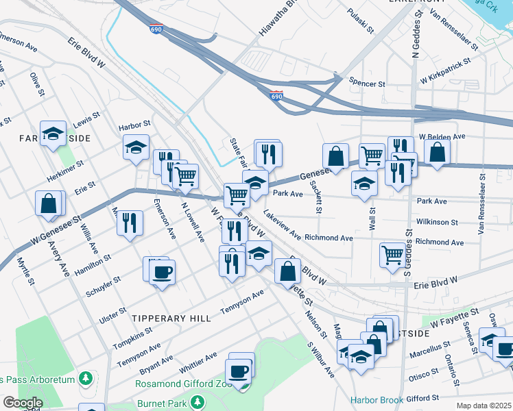 map of restaurants, bars, coffee shops, grocery stores, and more near 1001 Park Avenue in Syracuse