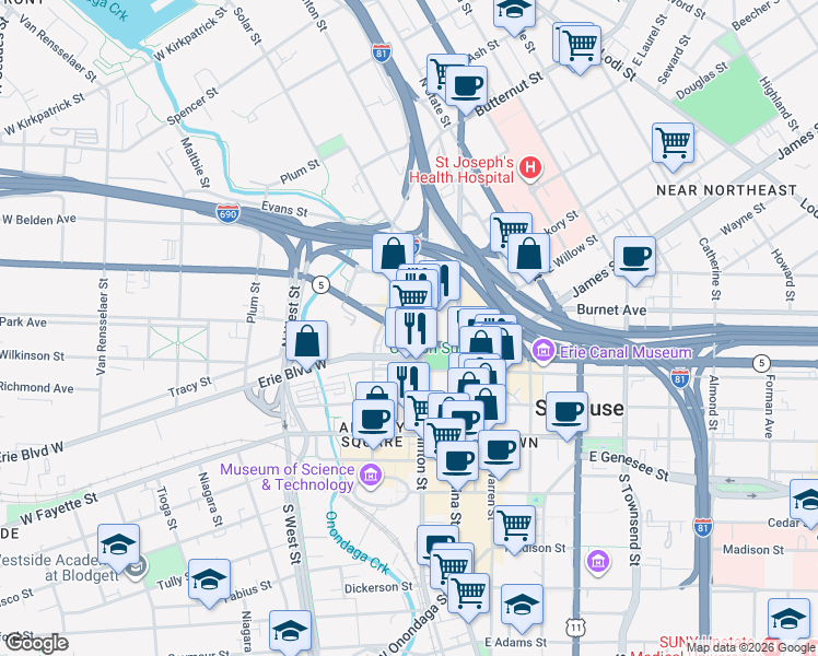 map of restaurants, bars, coffee shops, grocery stores, and more near 204-06 West Genesee Street in Syracuse