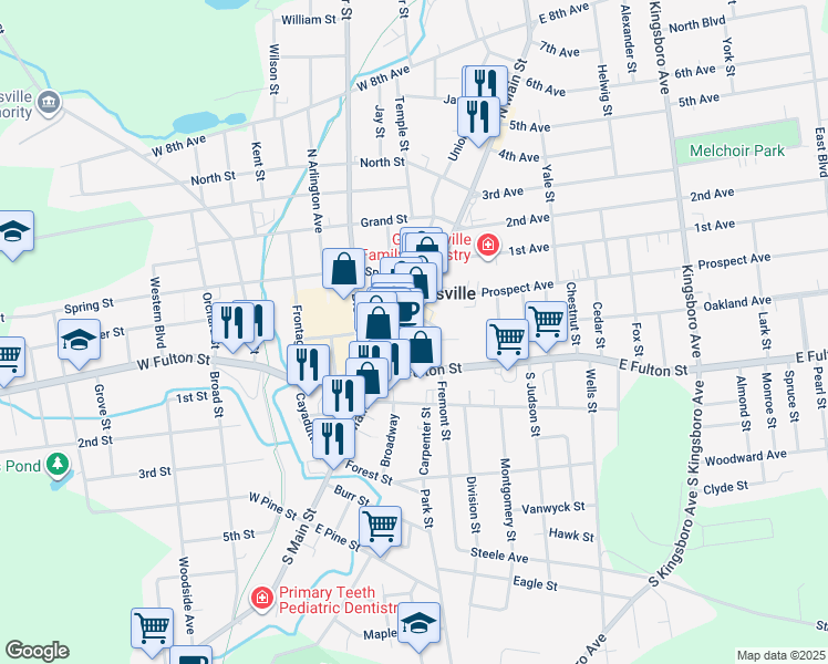 map of restaurants, bars, coffee shops, grocery stores, and more near 42 North Main Street in Gloversville