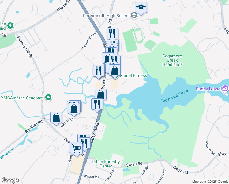 map of restaurants, bars, coffee shops, grocery stores, and more near 815 Lafayette Road in Portsmouth