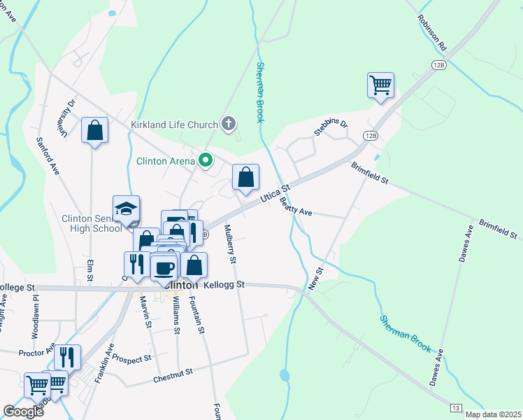 map of restaurants, bars, coffee shops, grocery stores, and more near 56 Utica Street in Clinton