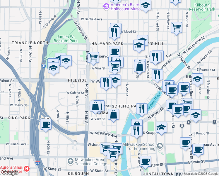 map of restaurants, bars, coffee shops, grocery stores, and more near 325 West Walnut Street in Milwaukee