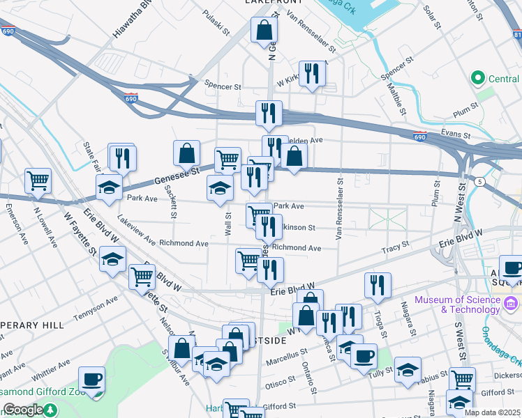 map of restaurants, bars, coffee shops, grocery stores, and more near 707 Park Avenue in Syracuse