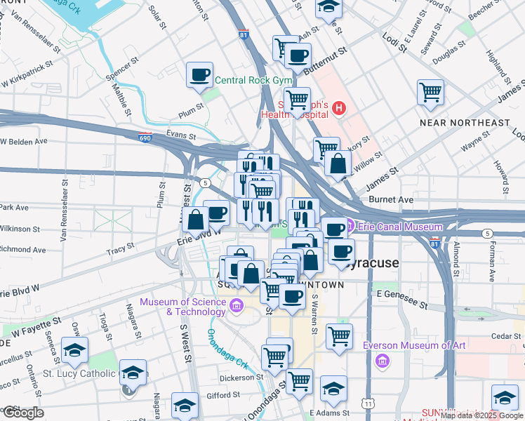 map of restaurants, bars, coffee shops, grocery stores, and more near 204-06 West Genesee Street in Syracuse