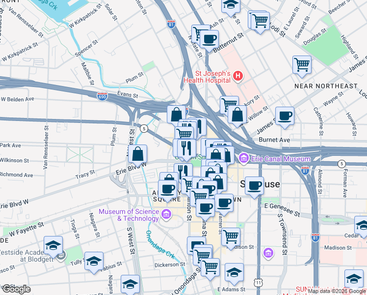 map of restaurants, bars, coffee shops, grocery stores, and more near 204-06 West Genesee Street in Syracuse