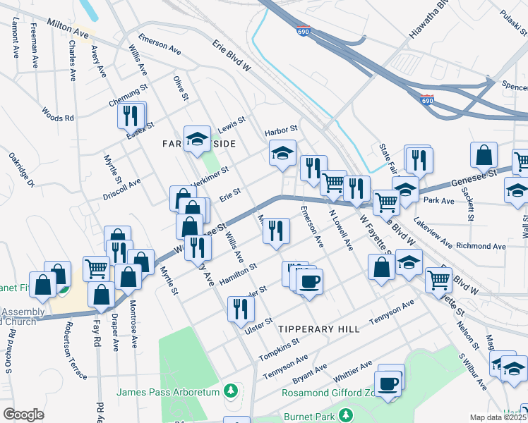 map of restaurants, bars, coffee shops, grocery stores, and more near 1711 West Genesee Street in Syracuse