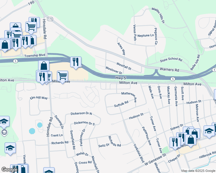 map of restaurants, bars, coffee shops, grocery stores, and more near 5001-5029 Oak Crest Courtyard in Syracuse