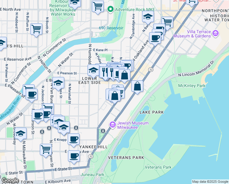 map of restaurants, bars, coffee shops, grocery stores, and more near 1601 North Farwell Avenue in Milwaukee