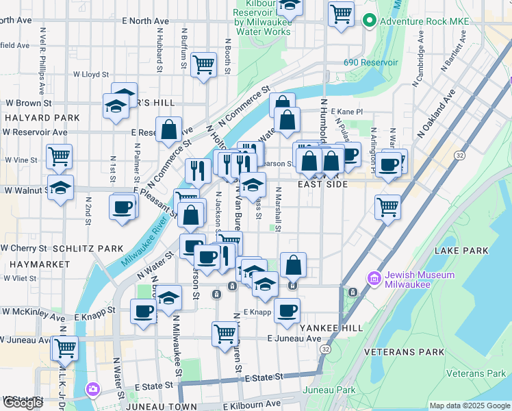 map of restaurants, bars, coffee shops, grocery stores, and more near 1636 North Van Buren Street in Milwaukee
