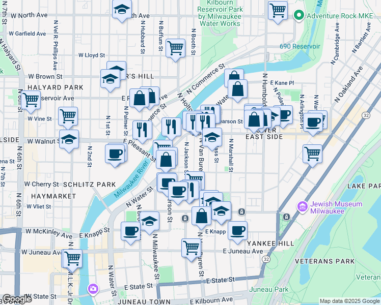 map of restaurants, bars, coffee shops, grocery stores, and more near 1634 North Jackson Street in Milwaukee