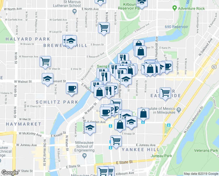 map of restaurants, bars, coffee shops, grocery stores, and more near 1634 North Jackson Street in Milwaukee