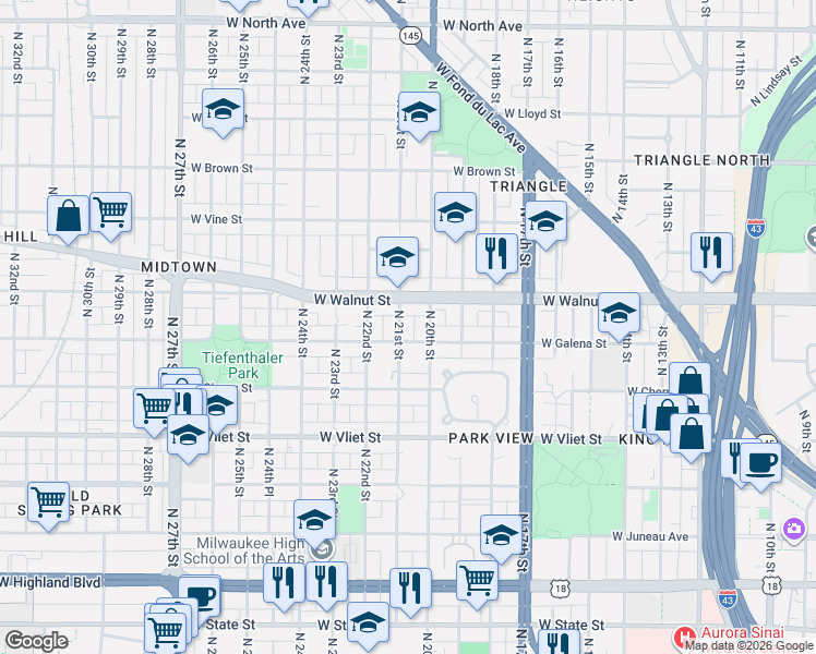 map of restaurants, bars, coffee shops, grocery stores, and more near 1607 North 21st Street in Milwaukee