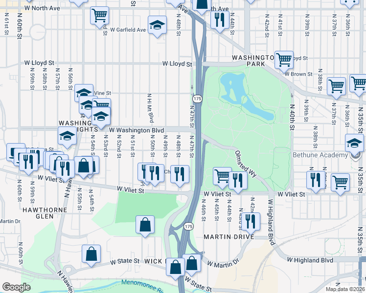map of restaurants, bars, coffee shops, grocery stores, and more near 1556 North 48th Street in Milwaukee