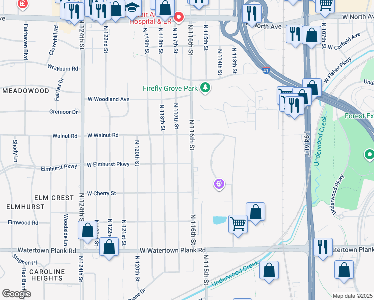 map of restaurants, bars, coffee shops, grocery stores, and more near 1617 North 116th Street in Milwaukee