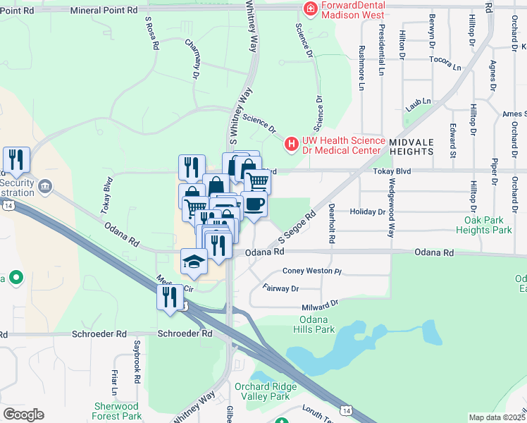 map of restaurants, bars, coffee shops, grocery stores, and more near 160 Westgate Mall in Madison