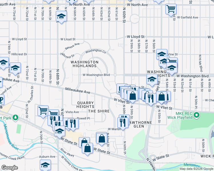 map of restaurants, bars, coffee shops, grocery stores, and more near 1556 Martha Washington Drive in Wauwatosa