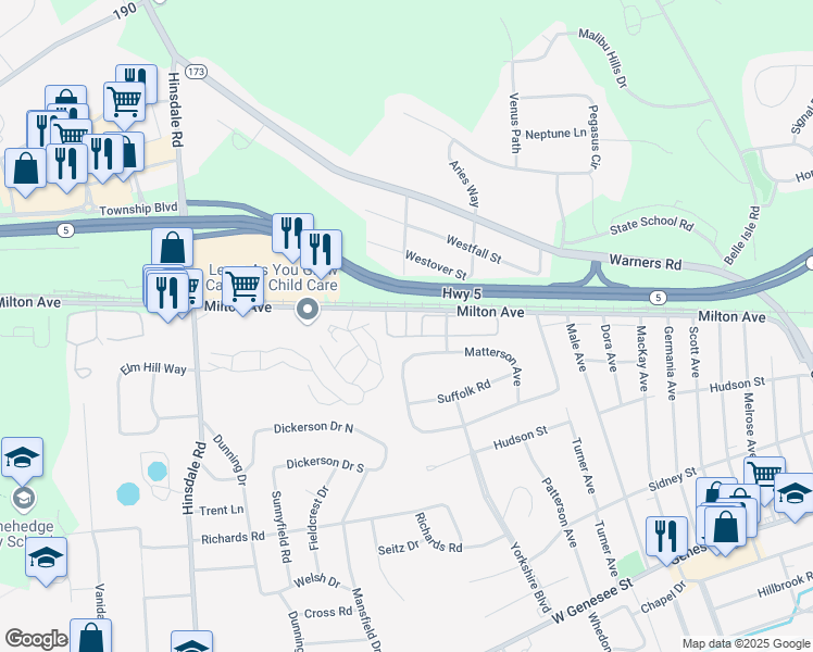 map of restaurants, bars, coffee shops, grocery stores, and more near 5001-5029 Oak Crest Courtyard in Syracuse