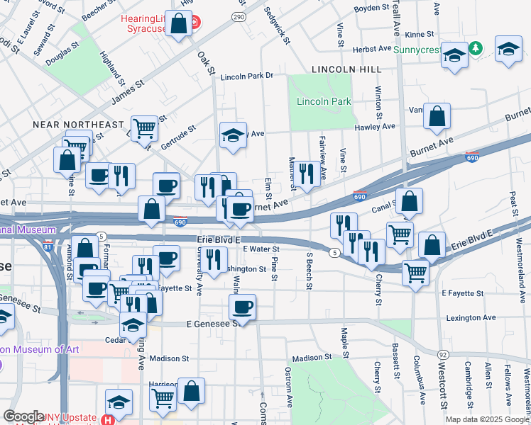 map of restaurants, bars, coffee shops, grocery stores, and more near Interstate 690 in Syracuse