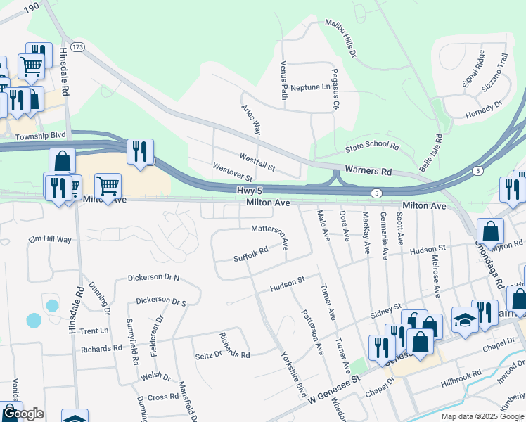 map of restaurants, bars, coffee shops, grocery stores, and more near 1 Gordon Parkway in Syracuse