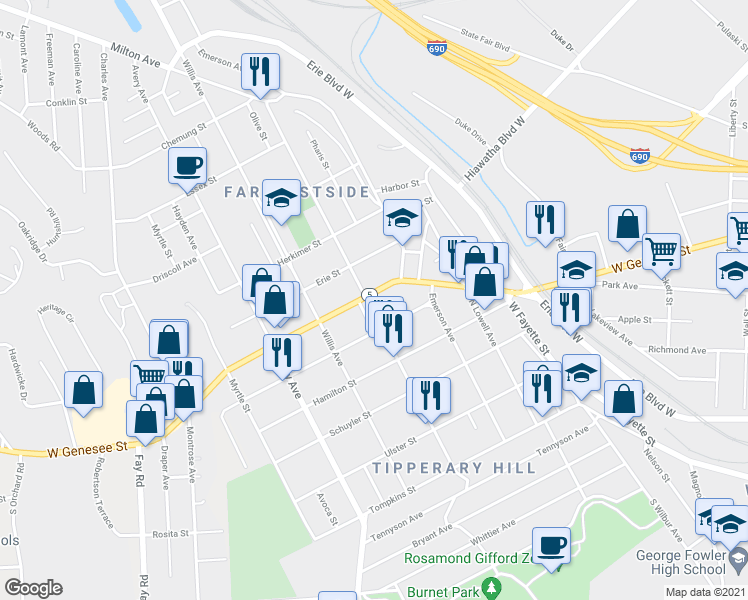 map of restaurants, bars, coffee shops, grocery stores, and more near 1643 West Genesee Street in Syracuse