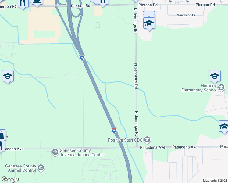 map of restaurants, bars, coffee shops, grocery stores, and more near 3213 North Jennings Road in Flint