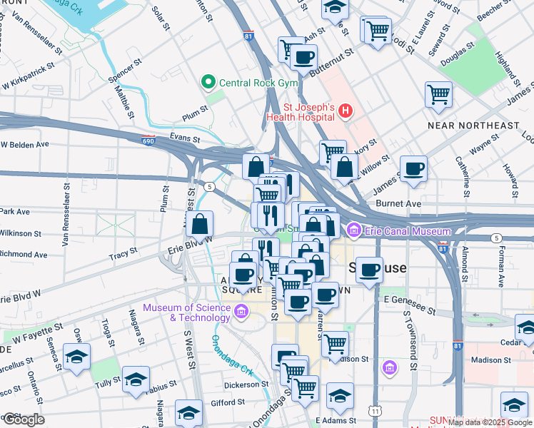 map of restaurants, bars, coffee shops, grocery stores, and more near 230 West Genesee Street in Syracuse