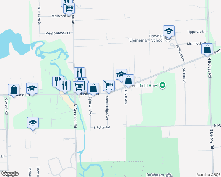 map of restaurants, bars, coffee shops, grocery stores, and more near 5113 Richfield Road in Flint