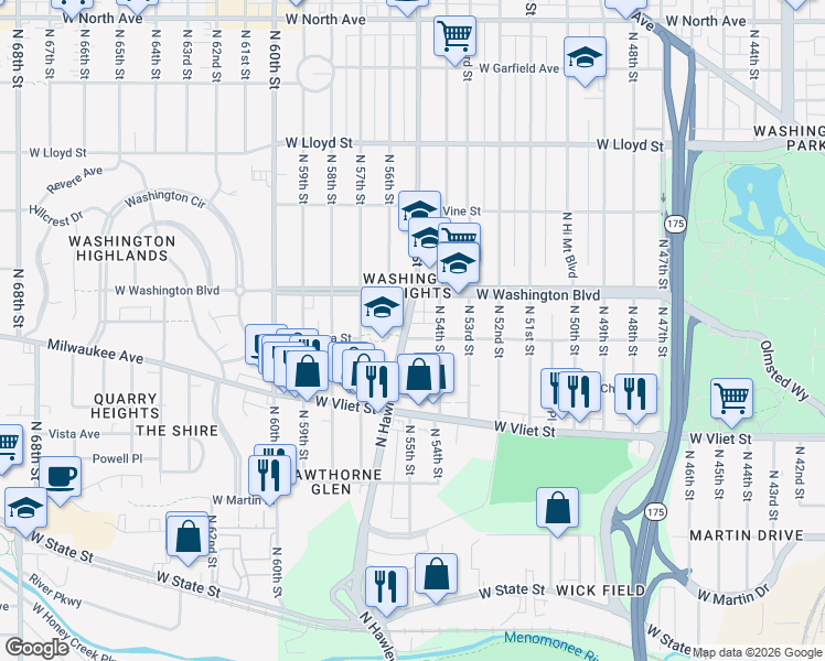 map of restaurants, bars, coffee shops, grocery stores, and more near 5441 West Galena Street in Milwaukee