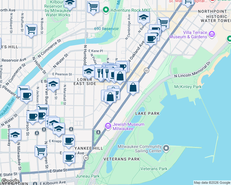 map of restaurants, bars, coffee shops, grocery stores, and more near 1601 North Farwell Avenue in Milwaukee