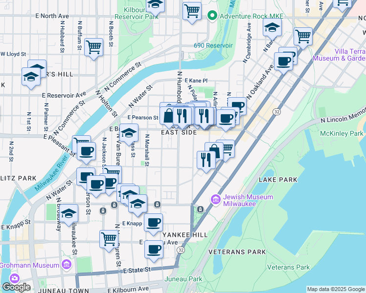 map of restaurants, bars, coffee shops, grocery stores, and more near 1652 North Humboldt Avenue in Milwaukee